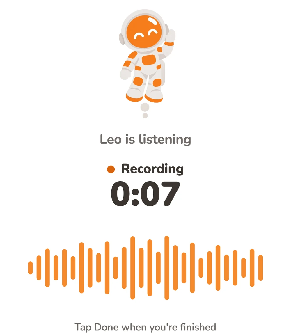 Leo is listening: a voice note recording at seven seconds with a live waveform.