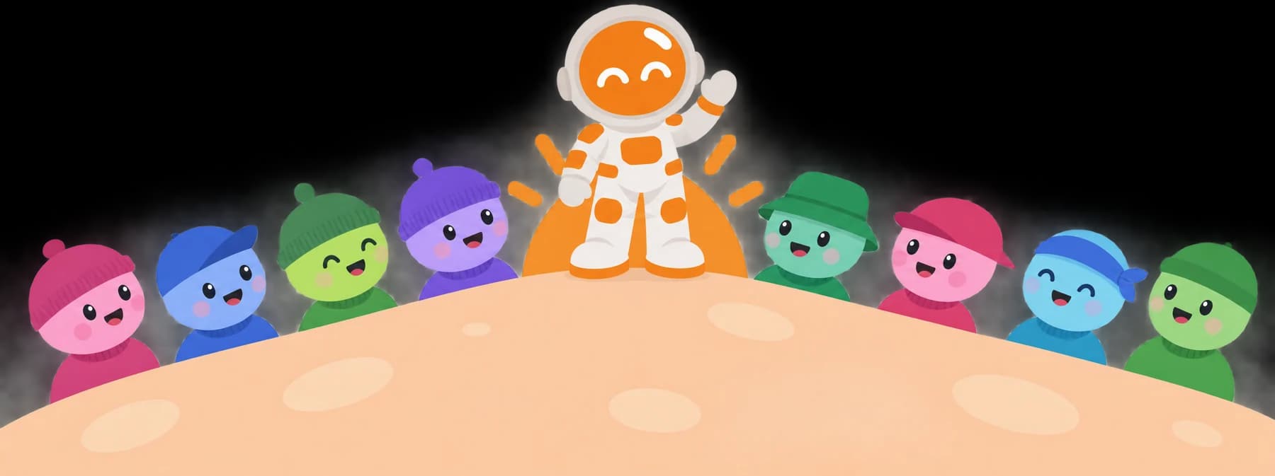 Leo waving on top of a small peach planet, with eight crewmates standing around its curve.